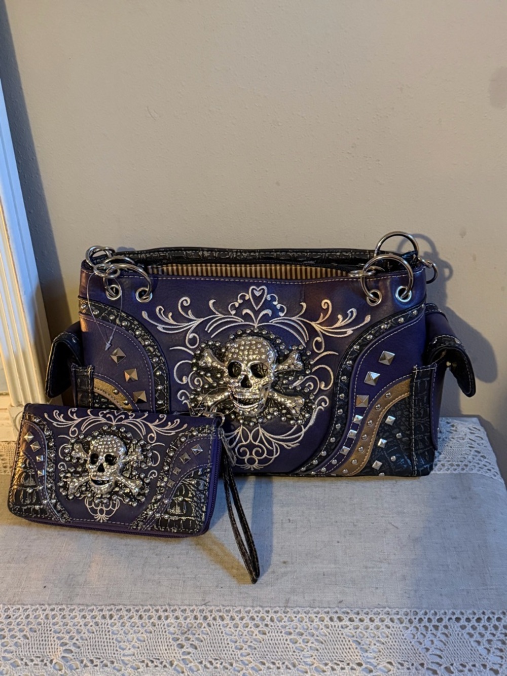 Y2K Studded Skull Purple Women's Handbag and Wristlet Set NEW